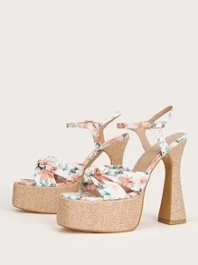 花卉圖案打結細節防水台踝帶涼鞋 - 粉色 - 查看 3