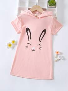 Niñitas Vestido estilo camiseta con estampado de conejo con capucha - Rosa Pálido - Ver 1