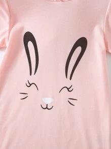 Niñitas Vestido estilo camiseta con estampado de conejo con capucha - Rosa Pálido - Ver 6