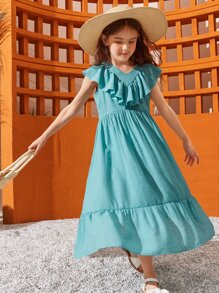 SHEIN Niñas Vestido ribete con fruncido con cremallera trasera bajo con volante - Azul Cadete - Ver 1