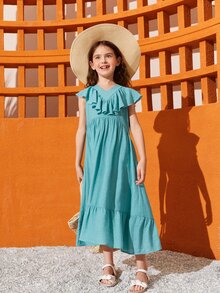 SHEIN Niñas Vestido ribete con fruncido con cremallera trasera bajo con volante - Azul Cadete - Ver 4