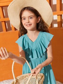 SHEIN Niñas Vestido ribete con fruncido con cremallera trasera bajo con volante - Azul Cadete - Ver 7