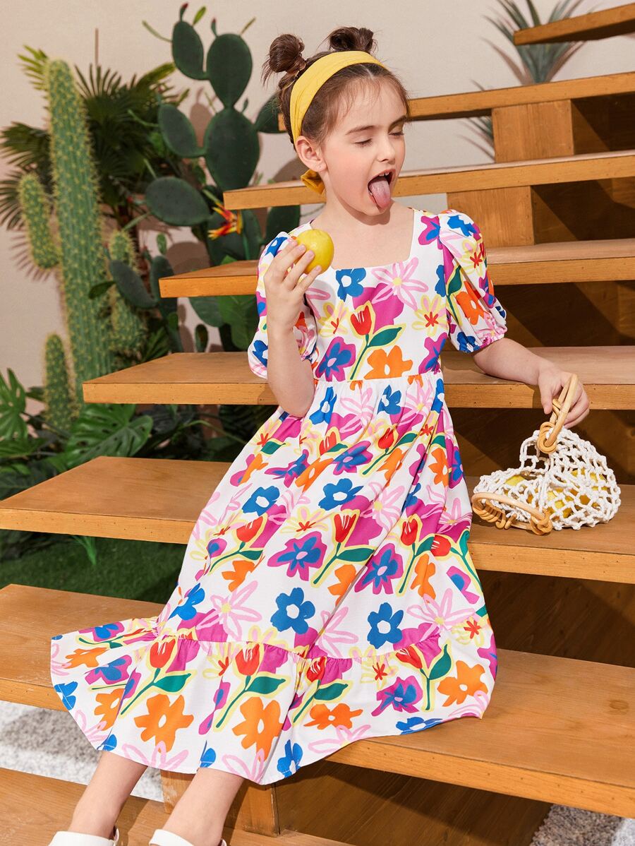 SHEIN Niñas Vestido con estampado floral bajo con fruncido - Multicolor - Ver 1