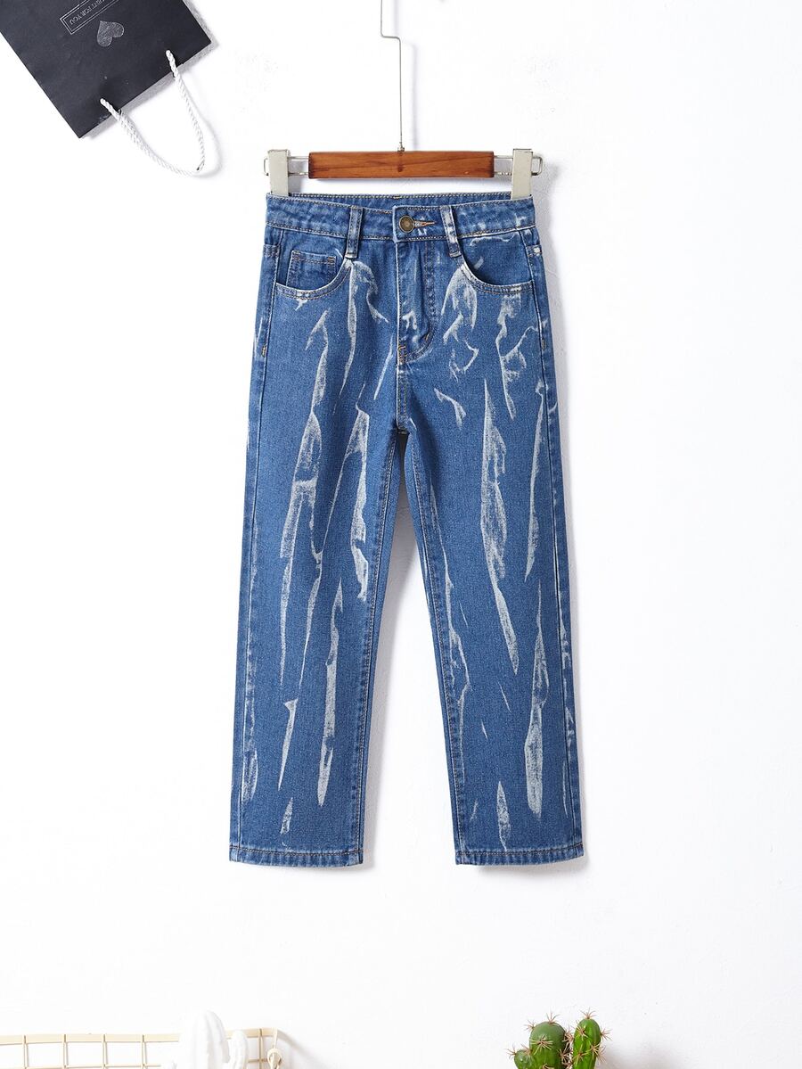 女孩水洗斜口袋直筒牛仔褲 - 深色水洗藍 - 查看 1