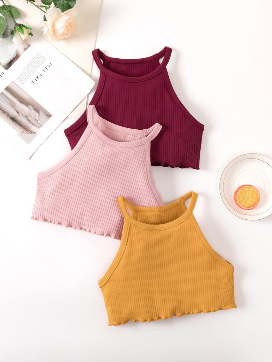 SHEIN Toddler Girls 3pcs Lettuce Trim Halter Top - Multicolor - View 1