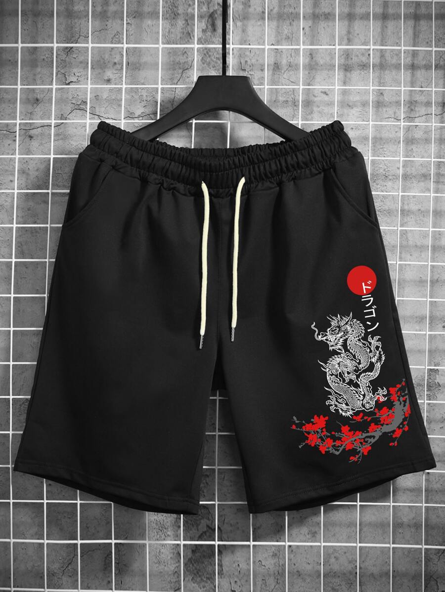 Manfinity LEGND Men's Japanese Letter & Dragon Graphic Drawstring Waist Casual Shorts, Summer Graphic Going Out Casual Drawstring Sweat Shorts, For Husband, Boyfriend Gifts - Black - View 1