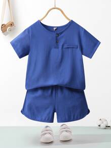小男童四分之一按鈕貼布細節襯衫和短褲 - 藍色 - 查看 1