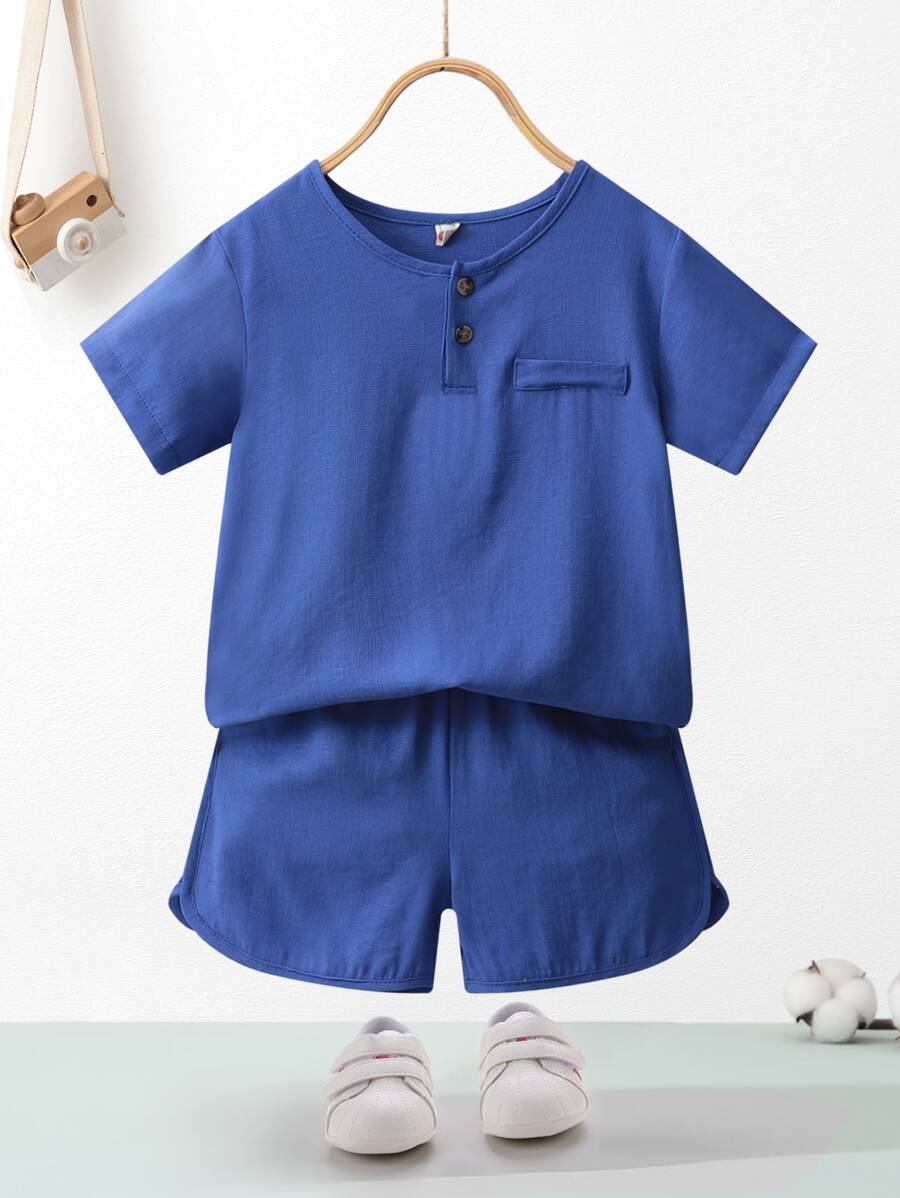 小男童四分之一按鈕貼布細節襯衫和短褲 - 藍色 - 查看 1