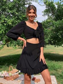 escote corazón con nudo delantero Top corto & bajo con fruncido Falda - Negro - Ver 1