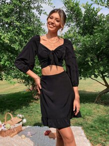 escote corazón con nudo delantero Top corto & bajo con fruncido Falda - Negro - Ver 3