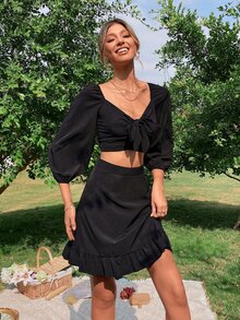 escote corazón con nudo delantero Top corto & bajo con fruncido Falda - Negro - Ver 4