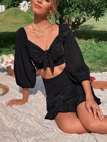 escote corazón con nudo delantero Top corto & bajo con fruncido Falda - Negro - Ver 5