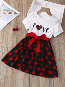SHEIN 小女童愛心和字母圖案繫腰帶洋裝
