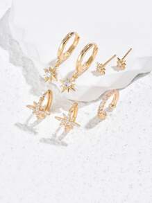 7pcs Cubic Zirconia Decor Star Earring Copper Jewelry - Yellow Gold - View 2