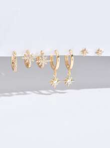 7pcs Cubic Zirconia Decor Star Earring Copper Jewelry - Yellow Gold - View 4