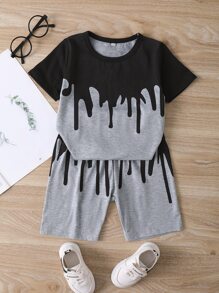 Toddler Boys Paint Drip Print Two Tone Tee & Shorts - Grey - View 1