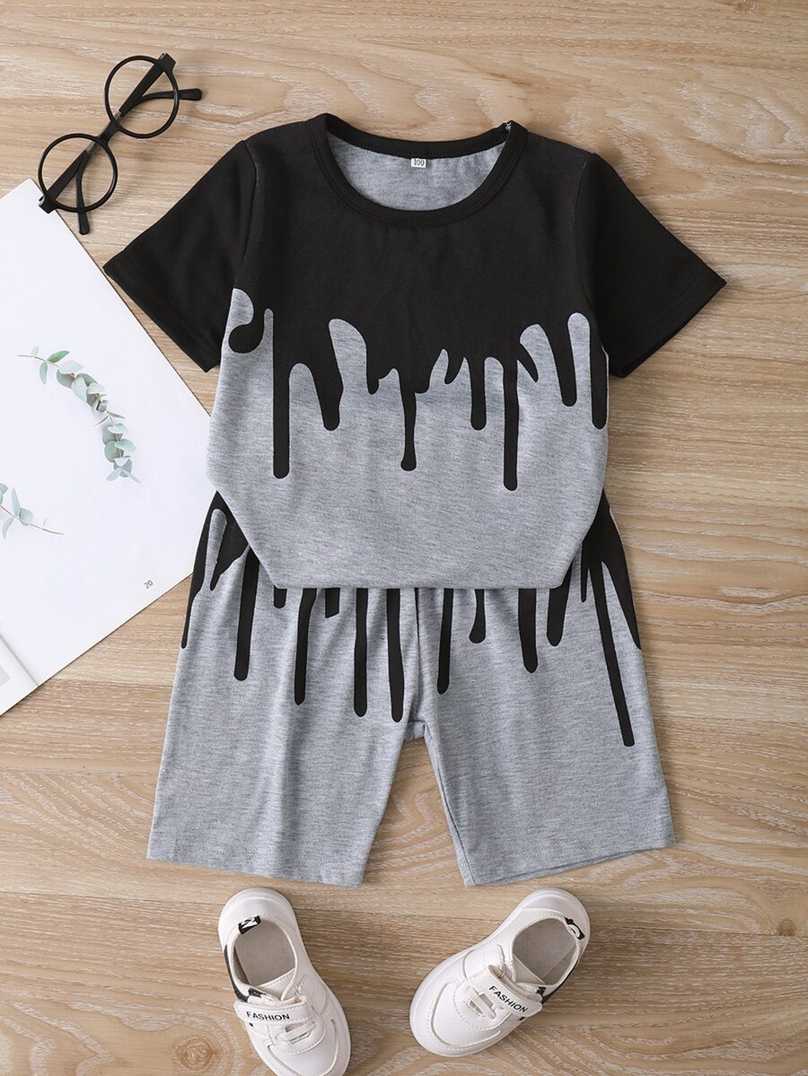Toddler Boys Paint Drip Print Two Tone Tee & Shorts - Grey - View 1