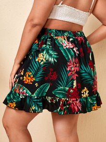 大碼熱帶圖案荷葉邊圍裹側繫帶半身裙 - 彩色 - 查看 2