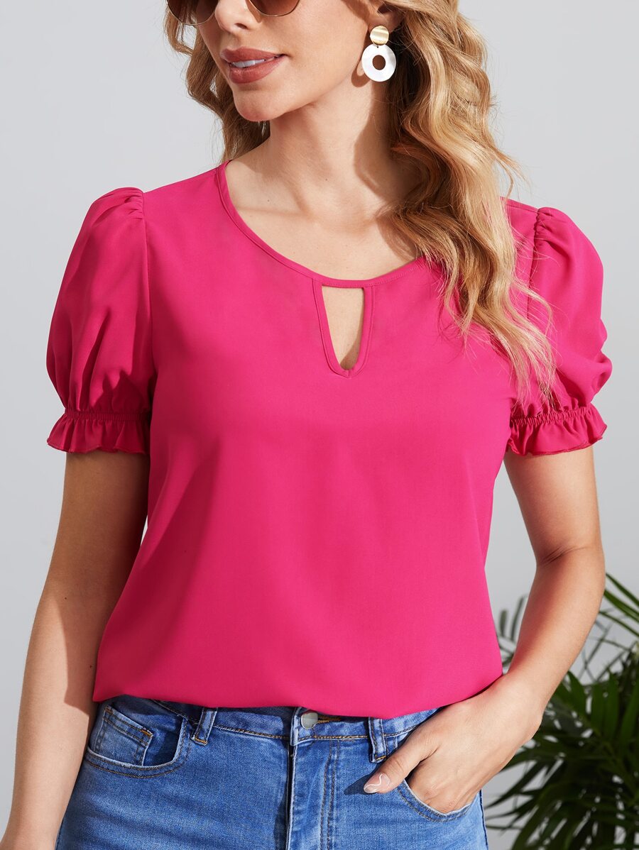 SHEIN Clasi Keyhole Neck Puff Sleeve Blouse - Hot Pink - View 1