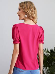 SHEIN Clasi Keyhole Neck Puff Sleeve Blouse - Hot Pink - View 2