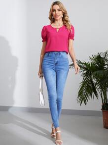 SHEIN Clasi Keyhole Neck Puff Sleeve Blouse - Hot Pink - View 3