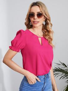 SHEIN Clasi Keyhole Neck Puff Sleeve Blouse - Hot Pink - View 4