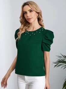 SHEIN Clasi Áo sơ mi nữ cườm đính Ngọc trai màu trơn Thanh lịch - Màu xanh lá cây đậm - Xem 4
