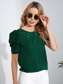 SHEIN Clasi Áo sơ mi nữ cườm đính Ngọc trai màu trơn Thanh lịch - Màu xanh lá cây đậm - Xem 5