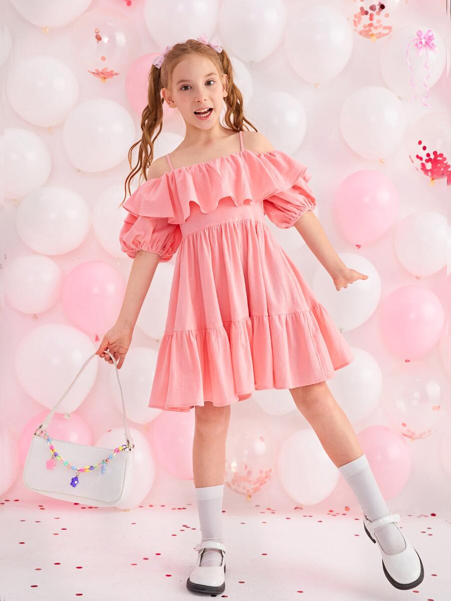 SHEIN Niñas 1 pieza Vestido de hombros descubiertos ribete con fruncido de manga farol - Rosa - Ver 1