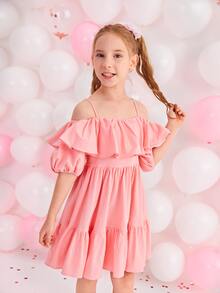 SHEIN Niñas 1 pieza Vestido de hombros descubiertos ribete con fruncido de manga farol - Rosa - Ver 3