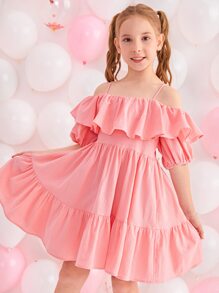 SHEIN Niñas 1 pieza Vestido de hombros descubiertos ribete con fruncido de manga farol - Rosa - Ver 4