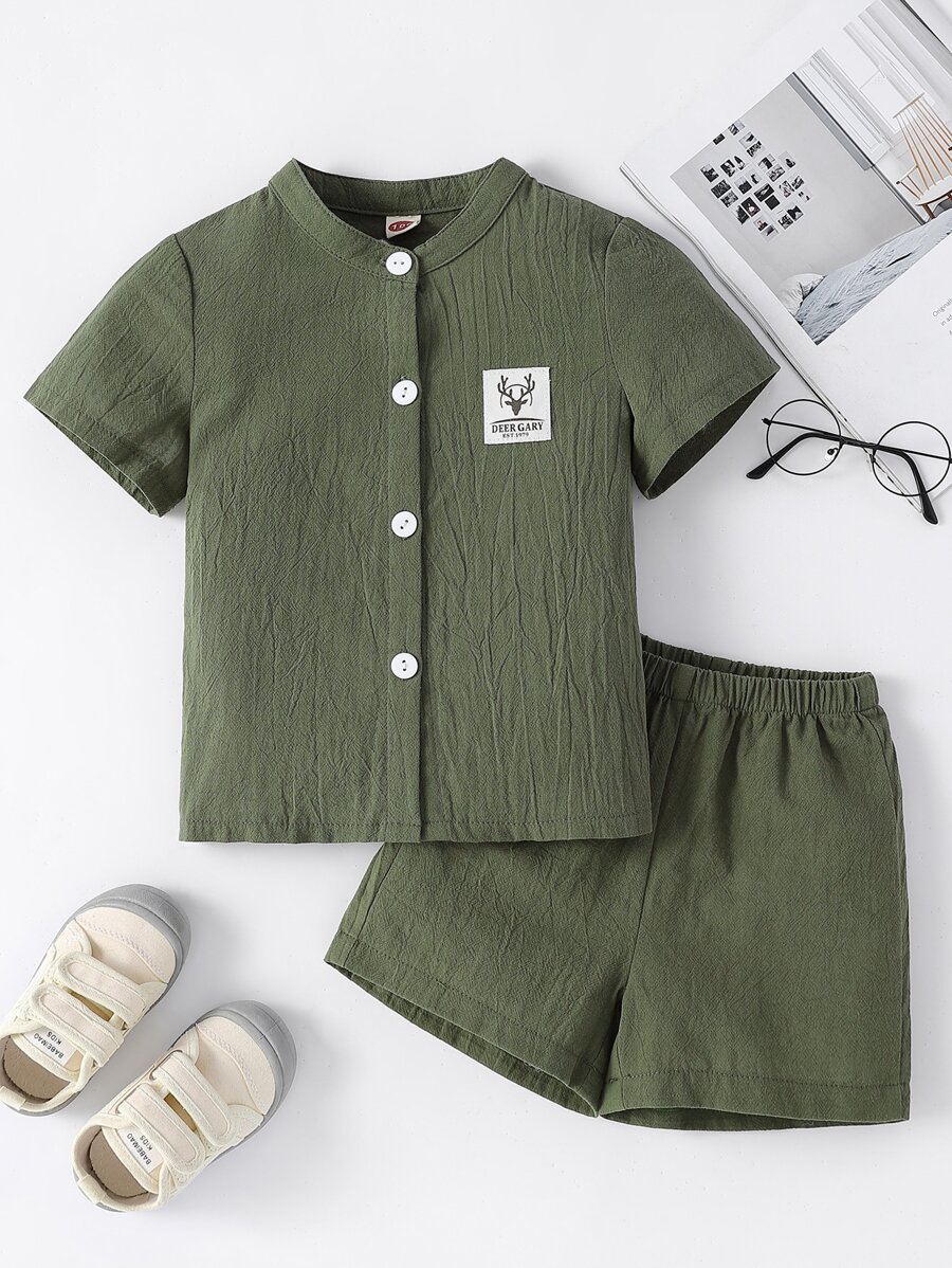 SHEIN 小男童補丁細節襯衫和短褲 - 軍綠色 - 查看 1
