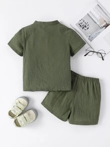 SHEIN 小男童補丁細節襯衫和短褲 - 軍綠色 - 查看 2