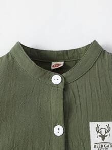 SHEIN 小男童補丁細節襯衫和短褲 - 軍綠色 - 查看 3