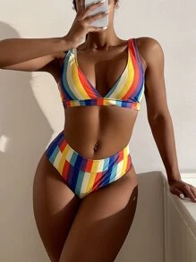 Rainbow Stripe High Waisted Bikini Set, For Summer Beach Vacation - Multicolor - View 1