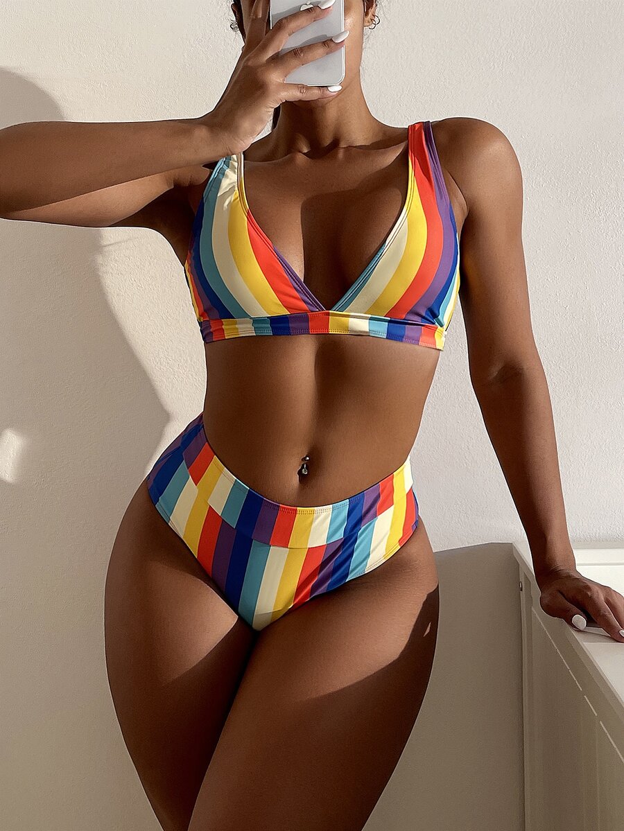Rainbow Stripe High Waisted Bikini Set, For Summer Beach Vacation - Multicolor - View 1