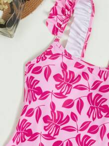 SHEIN Swim Summer Beach Plant Print Frill Trim Áo tắm một mảnh với váy đi biển - Hồng - Xem 7