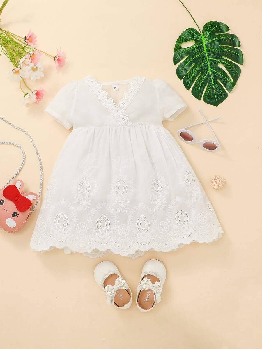 Đầm bé gái Sò điệp Trọn gói Tranh thêu màu trơn Dễ thương - trắng - Xem 1