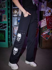 ROMWE Grunge Punk Skull Graphic Pocket Pants - Black - View 1