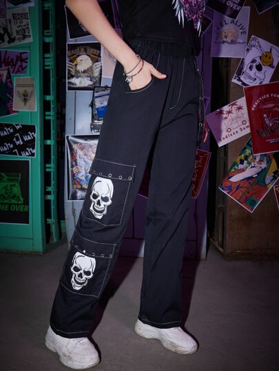 Grunge Punk Skull Graphic Pocket Pants