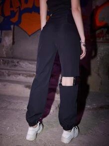 ROMWE Grunge Punk Kpop Butterfly Graphic Cut-out Pants - Black - View 2