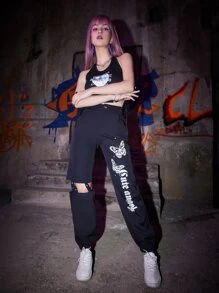 ROMWE Grunge Punk Kpop Butterfly Graphic Cut-out Pants - Black - View 3