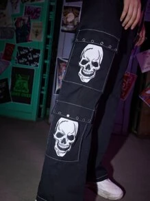 ROMWE Grunge Punk Skull Graphic Pocket Pants - Black - View 4