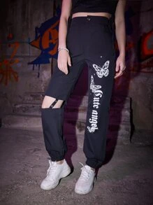 ROMWE Grunge Punk Kpop Butterfly Graphic Cut-out Pants - Black - View 4