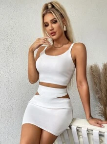 SHEIN 素色針織上衣和鏤空針織短裙套裝 - 白色 - 查看 4