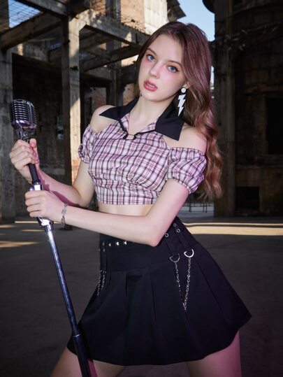 ROMWE 格子縞 コールドショルダー クロップトップ