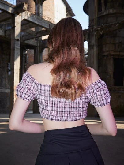 ROMWE 格子縞 コールドショルダー クロップトップ