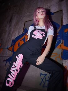 ROMWE Grunge Punk Letter Graphic Overall Jumpsuit - Black - View 3