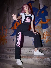 ROMWE Grunge Punk Letter Graphic Overall Jumpsuit - Black - View 4