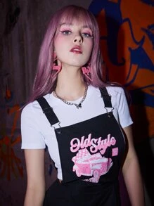 ROMWE Grunge Punk Letter Graphic Overall Jumpsuit - Black - View 5